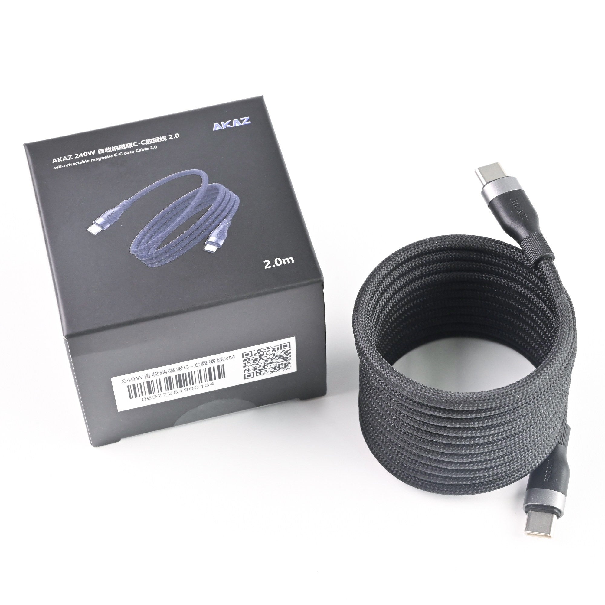 AKAZ Magnetic USB‑C to USB‑C Cable, 240W PD Fast Charging Braided Type‑C Cord, USB 2.0 Data Sync, Self‑Winding Organizable Charger Cable