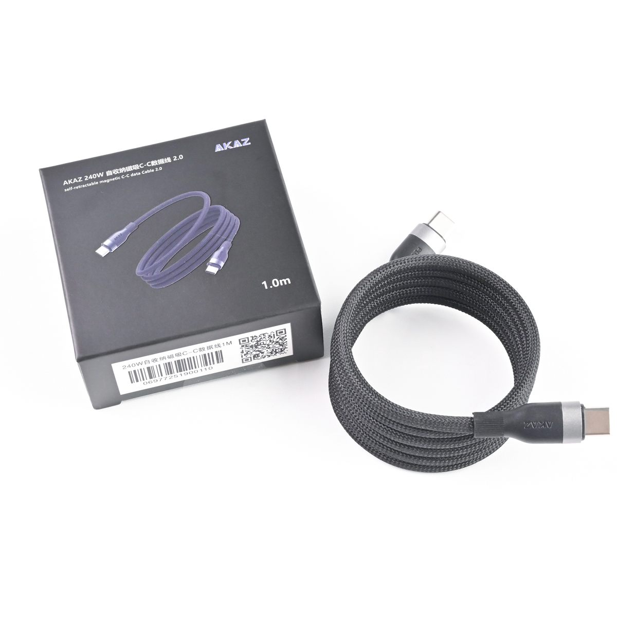 AKAZ Magnetic USB‑C to USB‑C Cable, 240W PD Fast Charging Braided Type‑C Cord, USB 2.0 Data Sync, Self‑Winding Organizable Charger Cable
