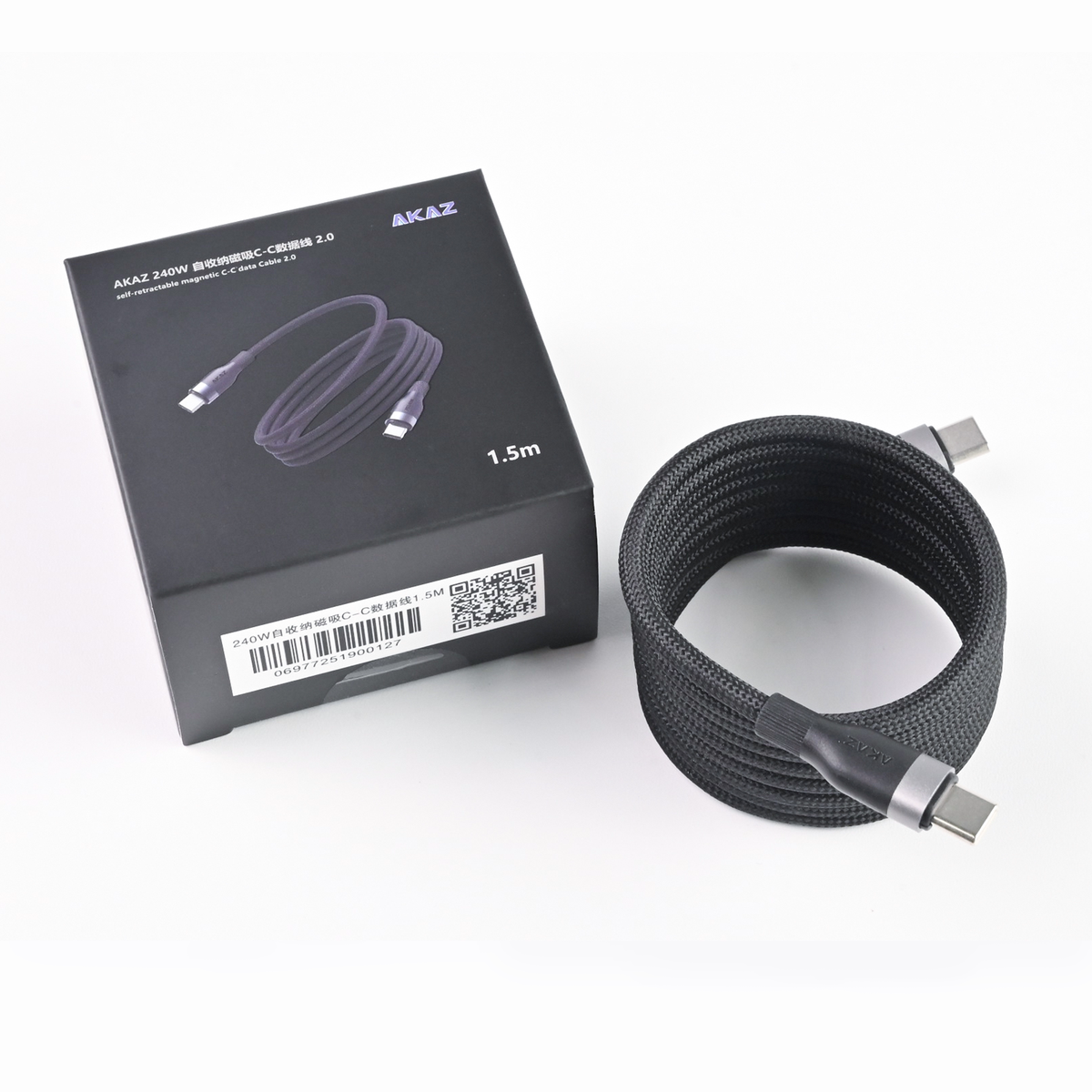 AKAZ Magnetic USB‑C to USB‑C Cable, 240W PD Fast Charging Braided Type‑C Cord, USB 2.0 Data Sync, Self‑Winding Organizable Charger Cable