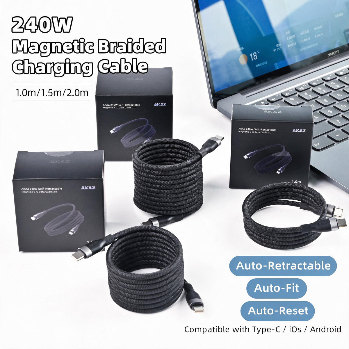 AKAZ Magnetic USB‑C to USB‑C Cable, 240W PD Fast Charging Braided Type‑C Cord, USB 2.0 Data Sync, Self‑Winding Organizable Charger Cable