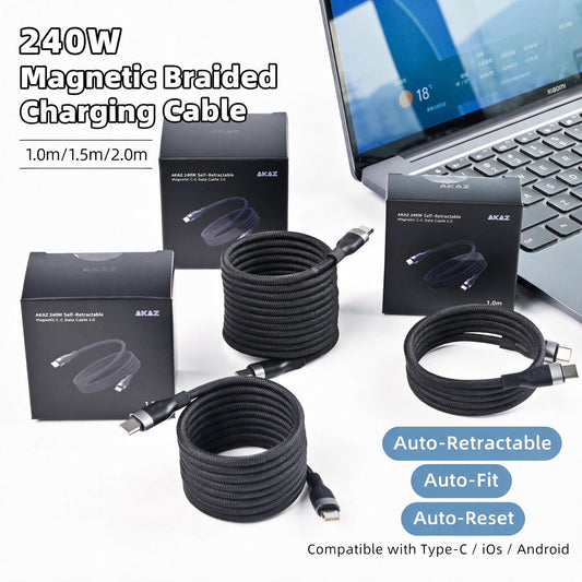 AKAZ Magnetic USB‑C to USB‑C Cable, 240W PD Fast Charging Braided Type‑C Cord, USB 2.0 Data Sync, Self‑Winding Organizable Charger Cable